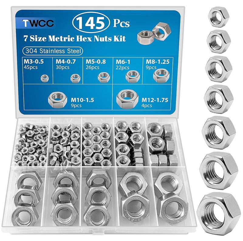 ZQZ 145 PCS Assorted Stainless Steel Hex Nuts Assortment Kit M3 M4 M5 M6 M8 M10 M12 Metric Hex Nut Set Hardware - Image 1